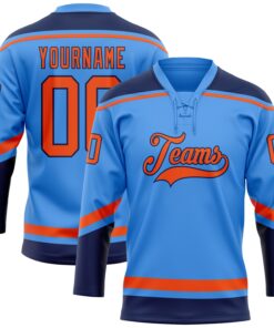 Custom Powder Blue Orange-Navy Hockey Lace Neck Jersey