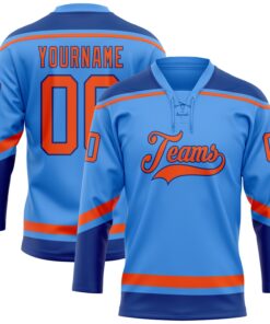 Custom Powder Blue Orange-Royal Hockey Lace Neck Jersey