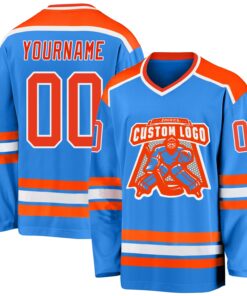 Custom Powder Blue Orange-White Hockey Jersey