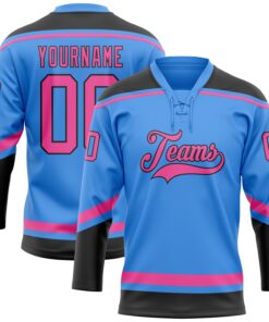 Custom Powder Blue Pink-Black Hockey Lace Neck Jersey