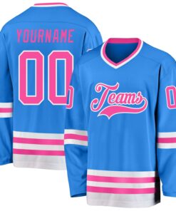 Custom Powder Blue Pink-White Hockey Jersey