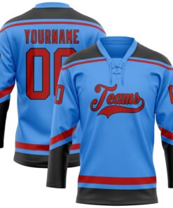 Custom Powder Blue Red-Black Hockey Lace Neck Jersey