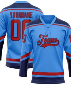 Custom Powder Blue Red-Navy Hockey Lace Neck Jersey
