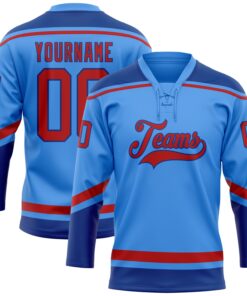 Custom Powder Blue Red-Royal Hockey Lace Neck Jersey