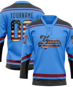 Custom Powder Blue Vintage USA Flag Black-Maroon Hockey Lace Neck Jersey