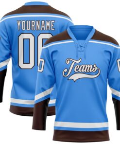 Custom Powder Blue White-Brown Hockey Lace Neck Jersey