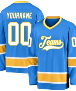 Custom Powder Blue White-Gold Hockey Jersey