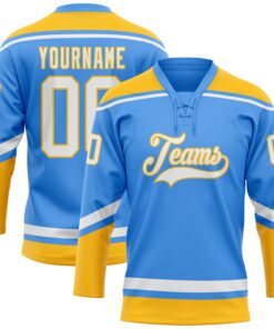 Custom Powder Blue White-Gold Hockey Lace Neck Jersey