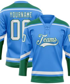 Custom Powder Blue White-Kelly Green Hockey Lace Neck Jersey