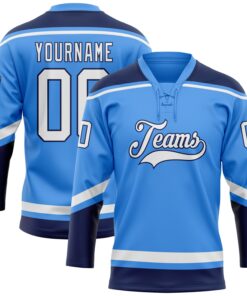 Custom Powder Blue White-Navy Hockey Lace Neck Jersey