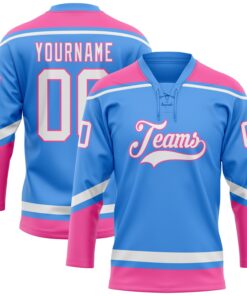Custom Powder Blue White-Pink Hockey Lace Neck Jersey