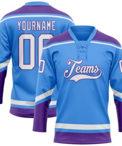 Custom Powder Blue White-Purple Hockey Lace Neck Jersey
