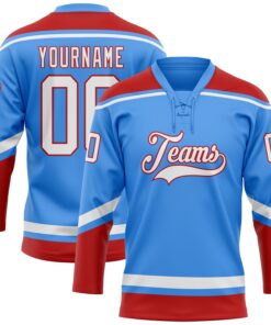 Custom Powder Blue White-Red Hockey Lace Neck Jersey