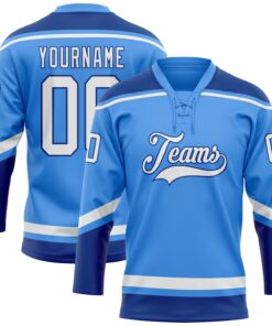 Custom Powder Blue White-Royal Hockey Lace Neck Jersey