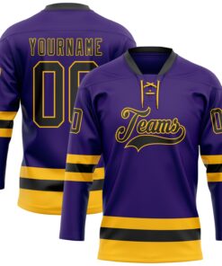 Custom Purple Black-Gold Hockey Lace Neck Jersey