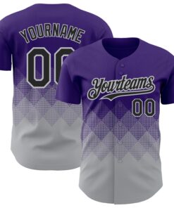 Custom Purple Black-Gray 3D Pattern Design Gradient Square Shapes Authentic Baseball Jersey
