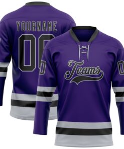 Custom Purple Black-Gray Hockey Lace Neck Jersey