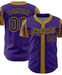 Custom Purple Black-Old Gold 3 Colors Arm Shapes Authentic Baseball Jersey