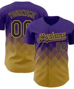 Custom Purple Black-Old Gold 3D Pattern Design Gradient Square Shapes Authentic Baseball Jersey