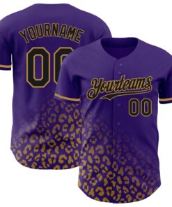 Custom Purple Black-Old Gold 3D Pattern Design Leopard Print Fade Fashion Authentic Baseball Jersey
