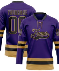 Custom Purple Black-Old Gold Hockey Lace Neck Jersey