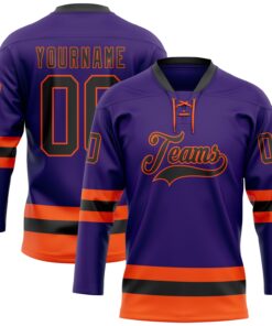 Custom Purple Black-Orange Hockey Lace Neck Jersey