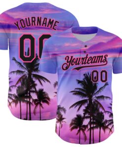 Custom Purple Black-Pink 3D Pattern Design Hawaii Palm Trees Authentic Baseball Jersey
