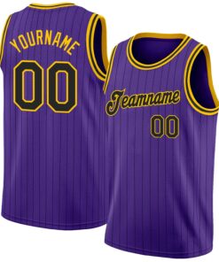 Custom Purple Black Pinstripe Black-Gold Authentic Basketball Jersey