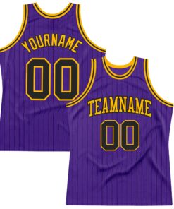 Custom Purple Black Pinstripe Black-Gold Authentic Basketball Jersey