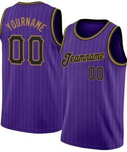 Custom Purple Black Pinstripe Black-Old Gold Authentic Basketball Jersey