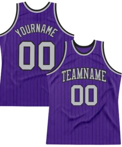 Custom Purple Black Pinstripe Gray Authentic Basketball Jersey