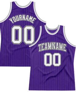 Custom Purple Black Pinstripe White-Gray Authentic Basketball Jersey