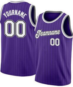 Custom Purple Black Pinstripe White-Gray Authentic Basketball Jersey