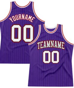 Custom Purple Black Pinstripe White-Red Authentic Basketball Jersey