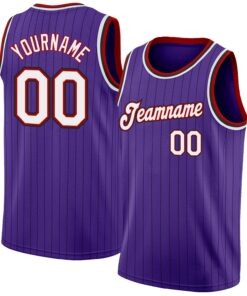 Custom Purple Black Pinstripe White-Red Authentic Basketball Jersey