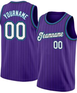 Custom Purple Black Pinstripe White-Teal Authentic Basketball Jersey