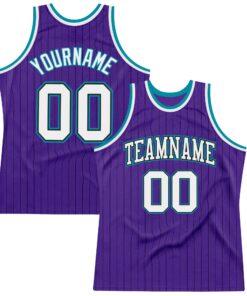 Custom Purple Black Pinstripe White-Teal Authentic Basketball Jersey
