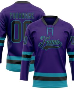 Custom Purple Black-Teal Hockey Lace Neck Jersey
