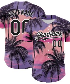 Custom Purple Black-White 3D Pattern Design Beach Hawaii Palm Trees Authentic Baseball Jersey