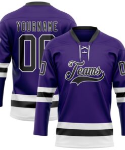 Custom Purple Black-White Hockey Lace Neck Jersey