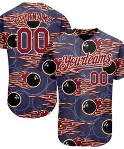 Custom Purple Crimson-City Cream 3D Pattern Design Bowling Ball With Hotrod Flame Authentic Baseball Jersey
