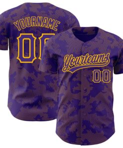 Custom Purple Gold 3D Pattern Design Curve Lines Authentic Baseball Jersey