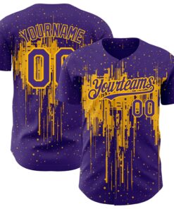 Custom Purple Gold 3D Pattern Design Dripping Splatter Art Authentic Baseball Jersey
