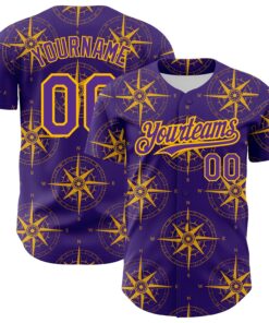 Custom Purple Gold 3D Pattern Design Navigation Compass Authentic Baseball Jersey