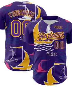 Custom Purple Gold 3D Pattern Design Sailing Boats Authentic Baseball Jersey