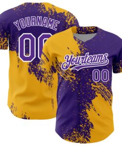 Custom Purple Gold-White 3D Pattern Design Abstract Brush Stroke Authentic Baseball Jersey
