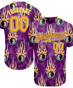 Custom Purple Gold-White 3D Pattern Design Billiards Snooker 8 Ball With Hotrod Flame Authentic Baseball Jersey