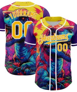 Custom Purple Gold-White 3D Pattern Design Rave T Rex Authentic Baseball Jersey