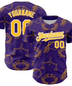 Custom Purple Gold-White 3D Pattern Design Zodiac Authentic Baseball Jersey
