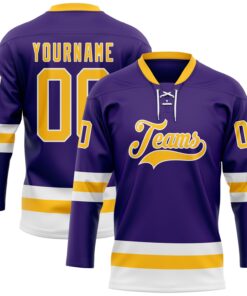Custom Purple Gold-White Hockey Lace Neck Jersey